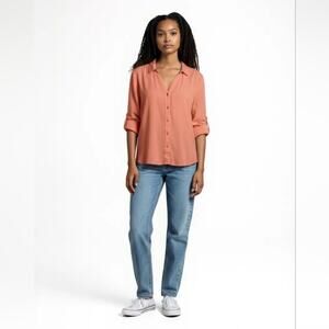 Caribbean Joe Womens Coral Button-Up Blouse SZ XL Roll Tab Lagenlook Lightweight